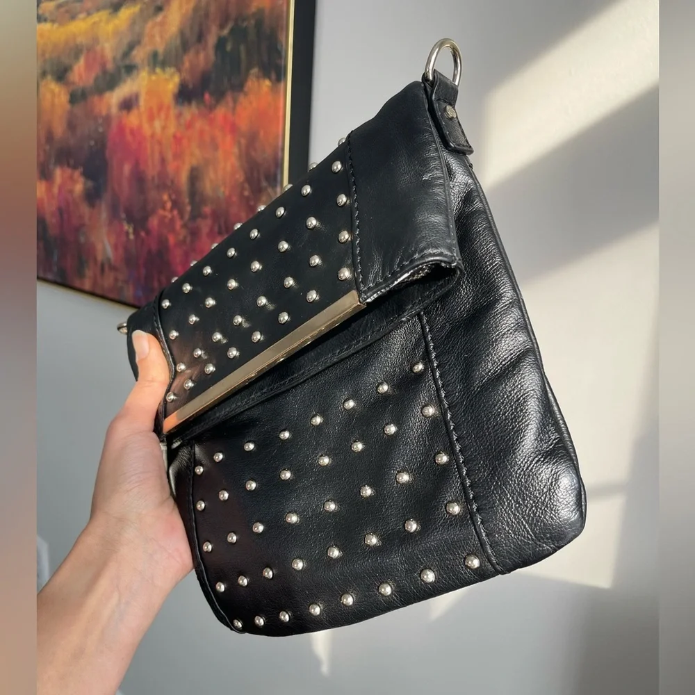 Danier | Black Studded Leather HandBag, Silver Strip Detail, Magnet Closure - Picture 5 of 14